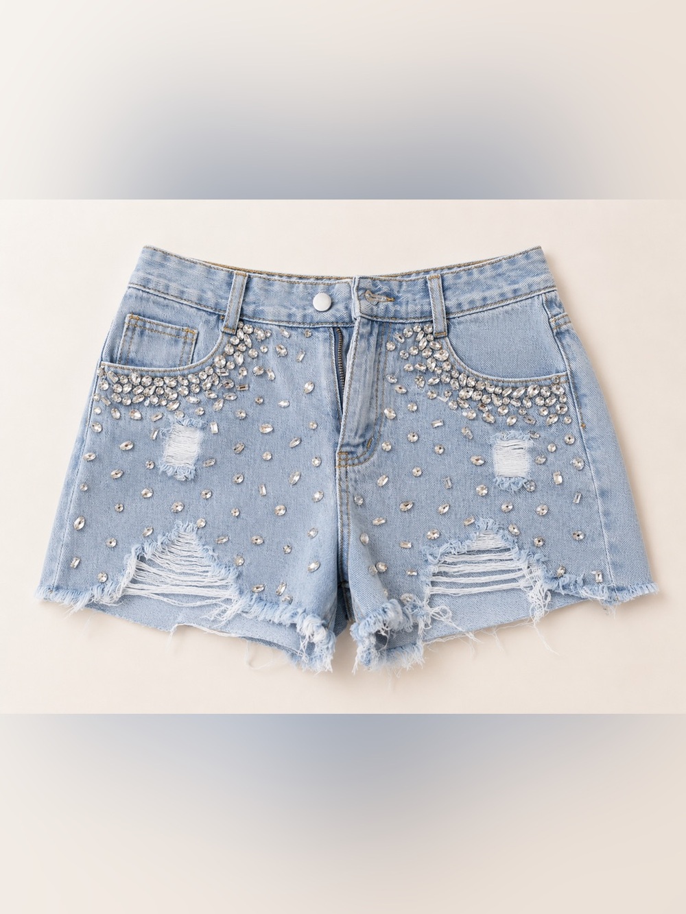 Blue B Rhinestone Distressed Denim Shorts Size Large Studded Frayed Hem Festival